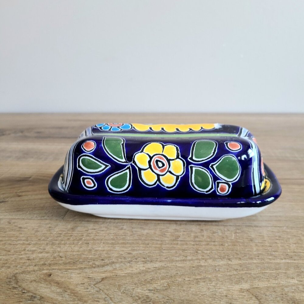 Talavera Mexico hand painted ceramic butter dish.